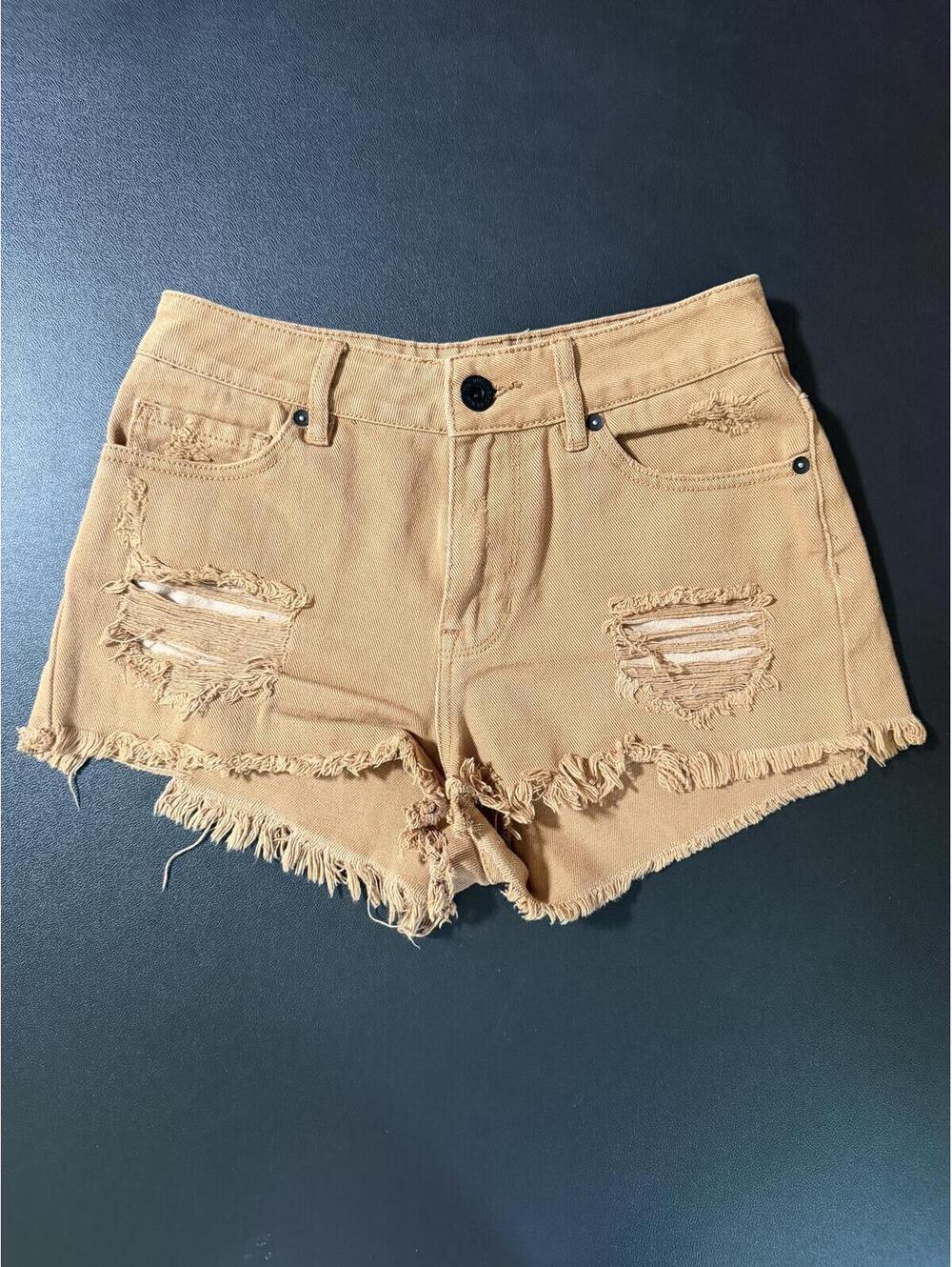 Bullhead Denim Co. Tan Distressed High-Rise Frayed Hem Denim Shorts‎ Size 3